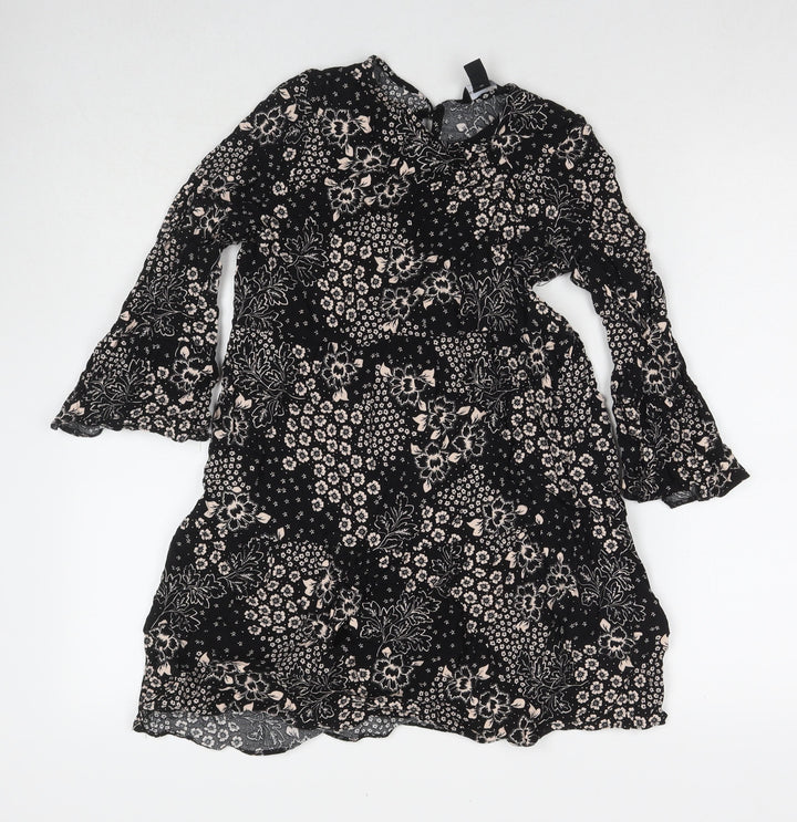 New Look Womens Black Geometric Viscose A-Line Size 8 Round Neck Button