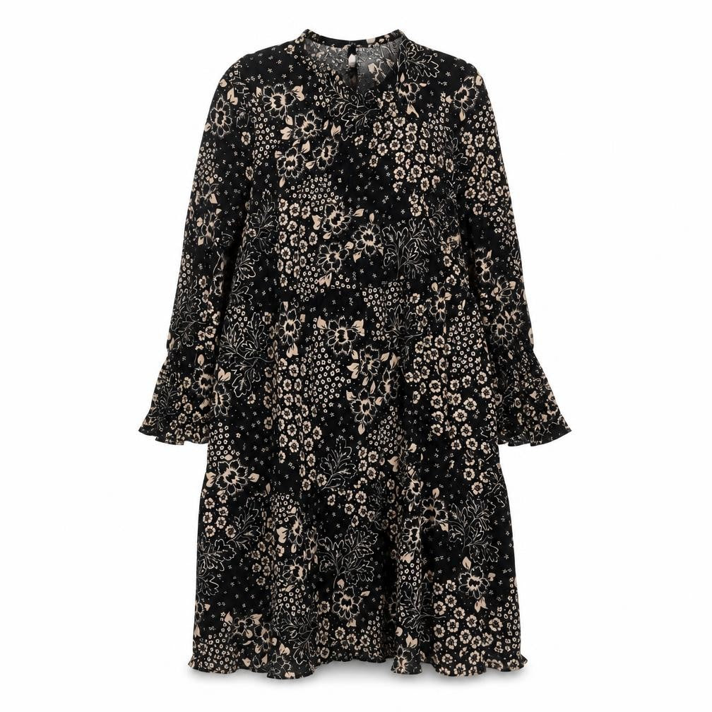 Front view of New Look women’s black geometric viscose a-line, size UK 8, round neck button