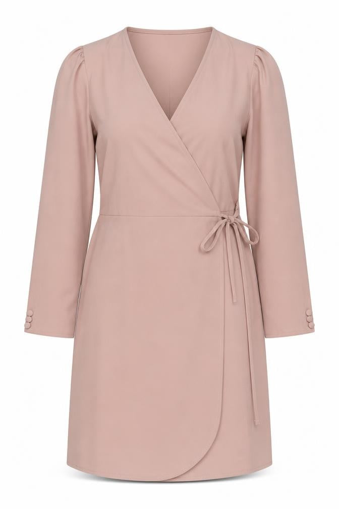 Front view of Topshop women’s beige polyester wrap dress, size UK 6, v-neck tie