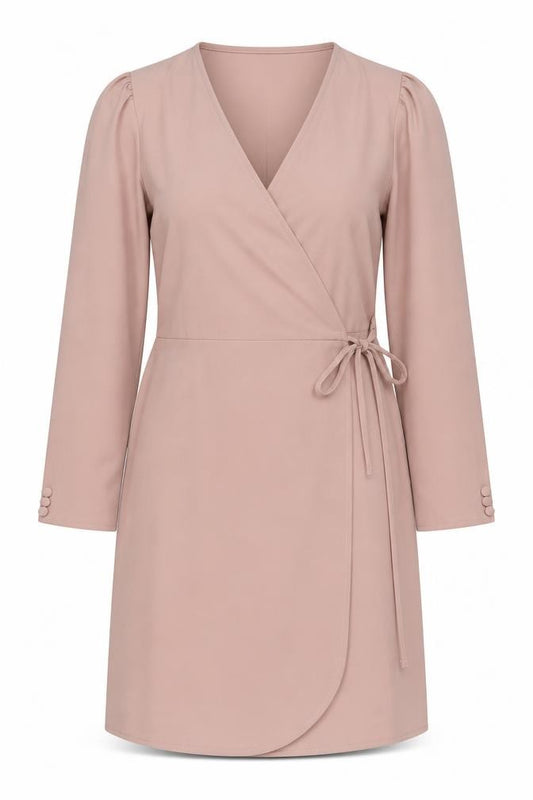 Front view of Topshop women’s beige polyester wrap dress, size UK 6, v-neck tie