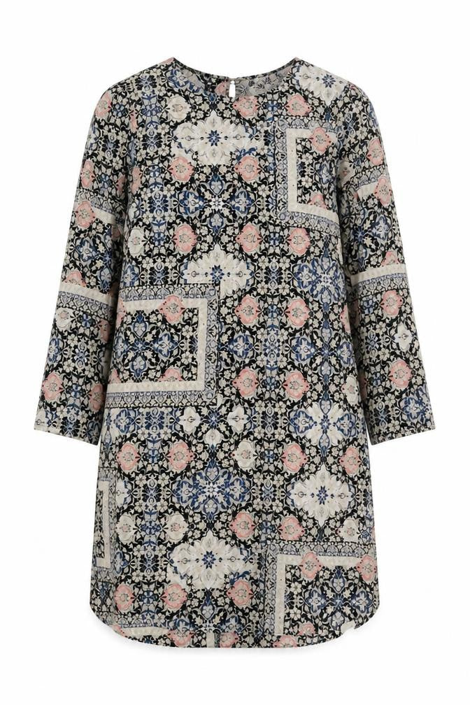 Front view of Topshop women’s multicoloured geometric polyester a-line, size UK 10, round neck zip