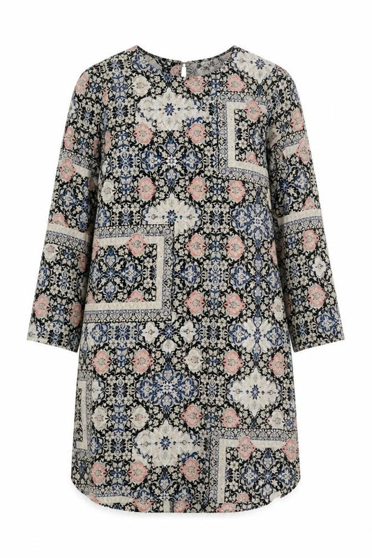Front view of Topshop women’s multicoloured geometric polyester a-line, size UK 10, round neck zip