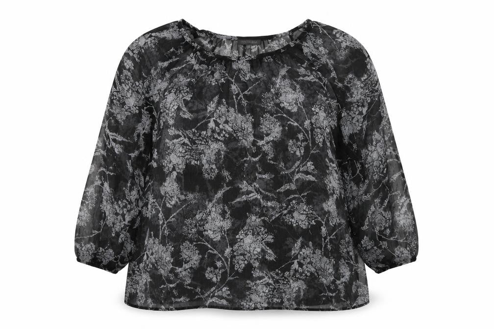 Front view of Addition Elle women’s grey floral polyester basic blouse, size UK 24, round neck