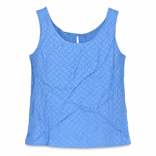 Front view of H&M women’s blue polka dot polyester basic tank, size S, round neck