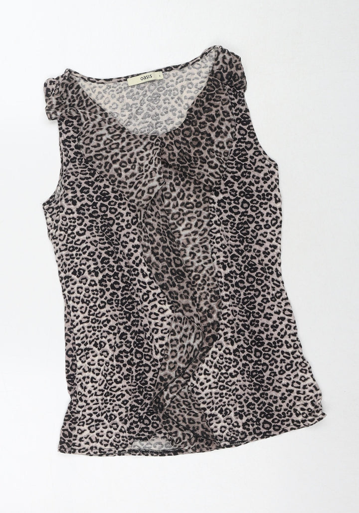 Oasis Womens Beige Animal Print Polyester Basic T-Shirt Size S Round Neck