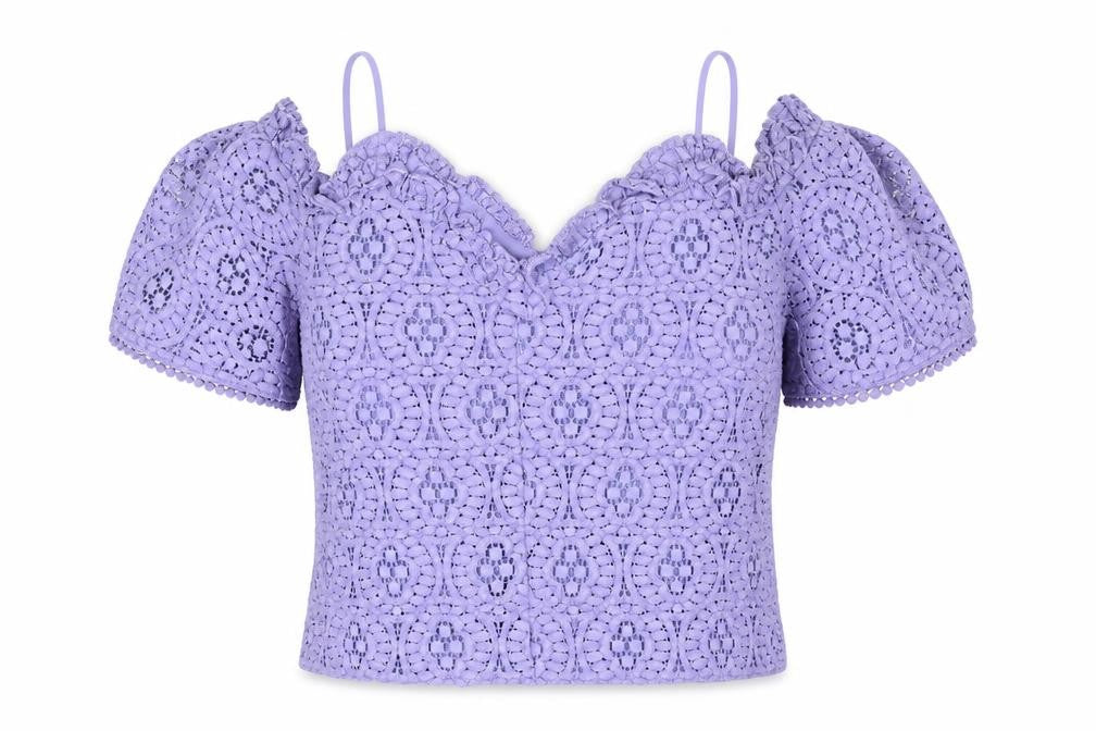 Front view of Topshop women’s purple cotton basic t-shirt, size UK 10, off the shoulder