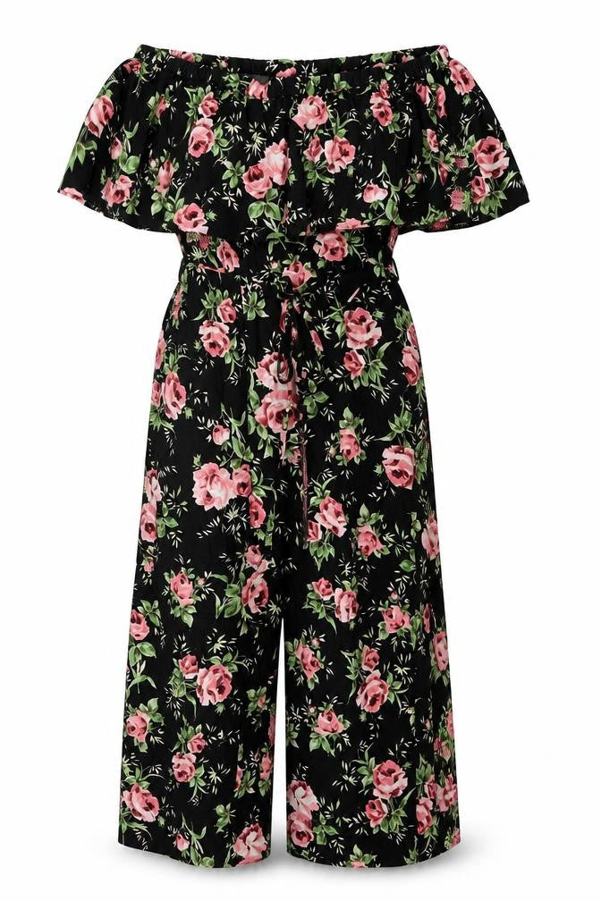 Front view of Topshop women’s black floral polyester jumpsuit one-piece, size UK 8, 20-inch leg pullover - rose