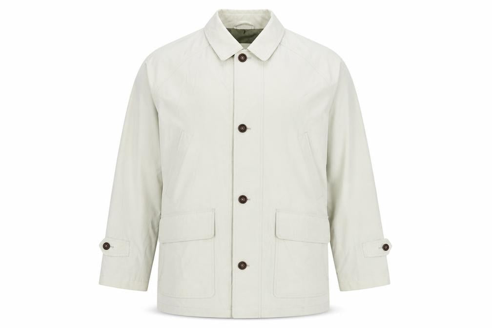 Front view of Dannimac men’s beige bomber jacket jacket, size M, zip
