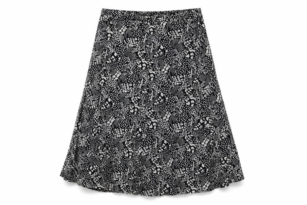 Front view of Dash women’s black geometric cotton a-line skirt, size UK 18