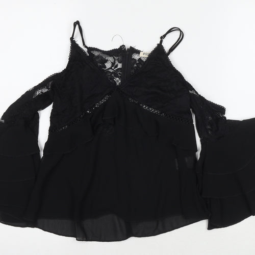 Essue Womens Black Polyester Basic T-Shirt Size S Off the Shoulder