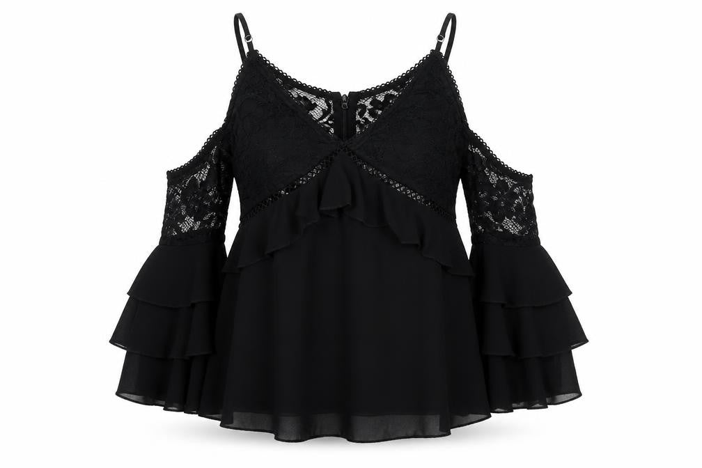 Front view of Essue women’s black polyester basic t-shirt, size S, off the shoulder