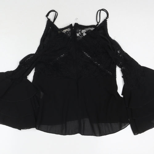 Essue Womens Black Polyester Basic T-Shirt Size S Off the Shoulder