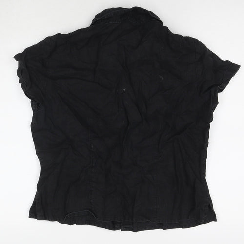 Linea Womens Black Linen Basic Button-Up Size 14 Collared