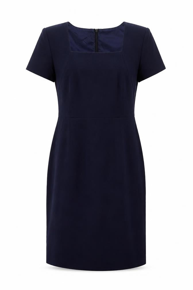 Front view of Kaleidoscope women’s blue polyester a-line, size UK 14, square neck zip
