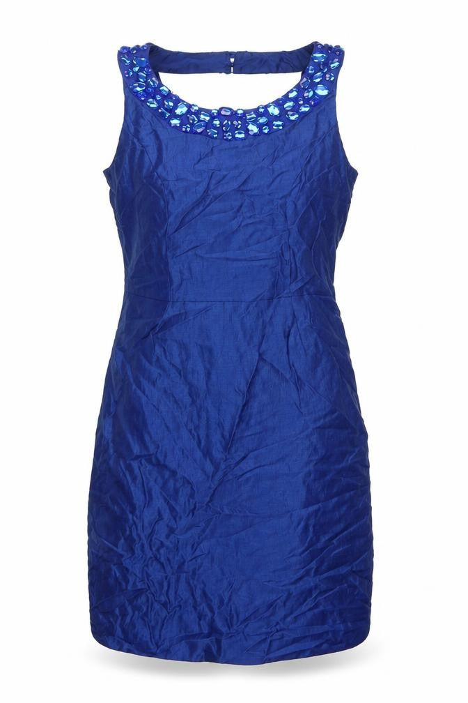 Front view of Kaliko women’s blue polyester a-line, size UK 10, round neck zip
