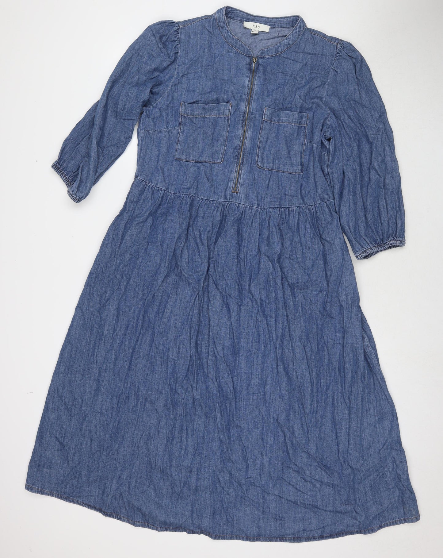 Marks and Spencer Womens Blue Polyester Fit & Flare Size 12 Round Neck Zip