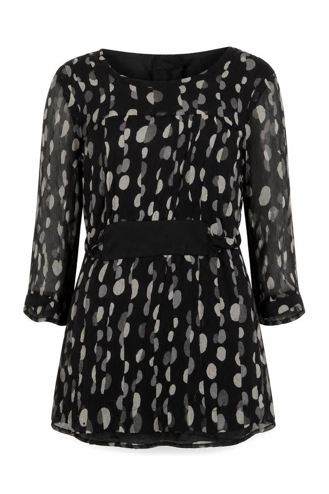 Front view of Zara women’s black polka dot silk basic blouse, size S, round neck