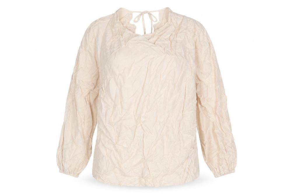 Front view of Marks & Spencer women’s ivory cupro basic blouse, size UK 12, round neck