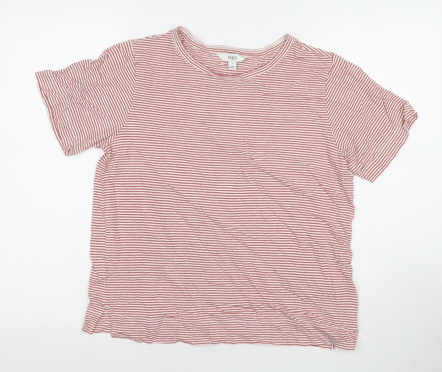 Marks and Spencer Womens Red Striped Cotton Basic T-Shirt Size 14 Round Neck