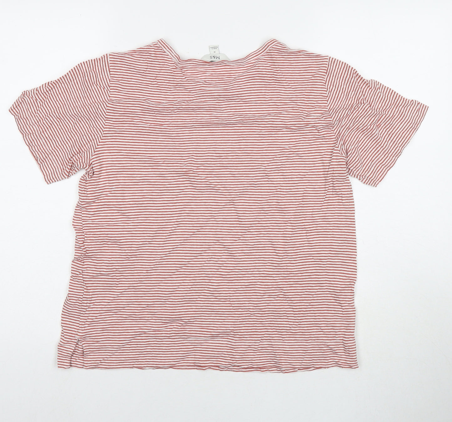 Marks and Spencer Womens Red Striped Cotton Basic T-Shirt Size 14 Round Neck