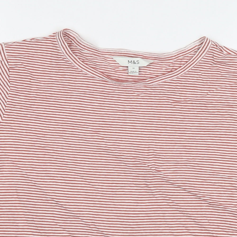 Marks and Spencer Womens Red Striped Cotton Basic T-Shirt Size 14 Round Neck