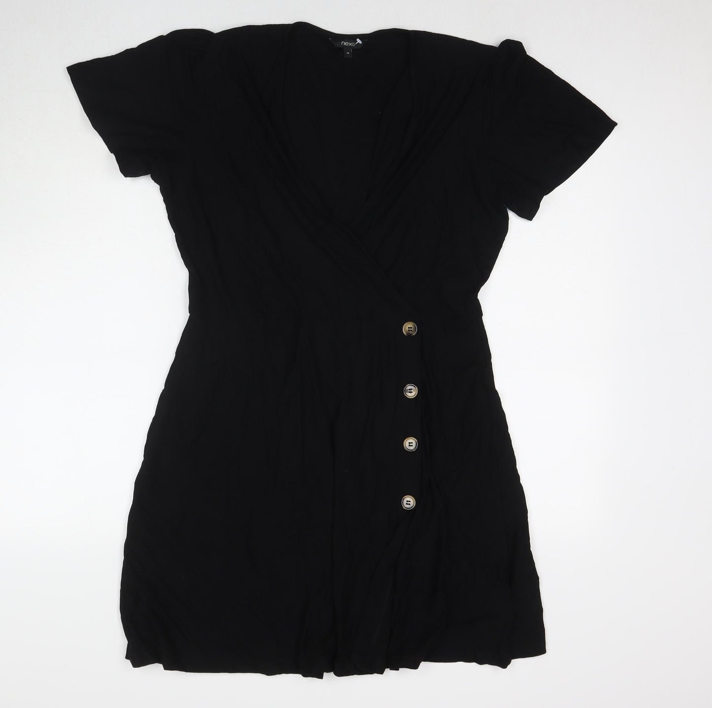 NEXT Womens Black Viscose T-Shirt Dress Size 14 V-Neck Button