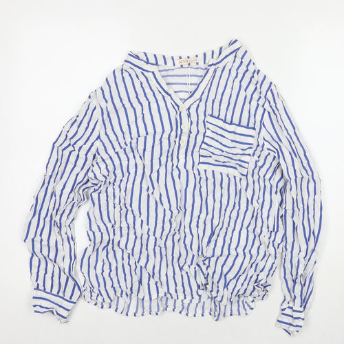 MSD Womens White Striped Viscose Basic Button-Up Size XL V-Neck