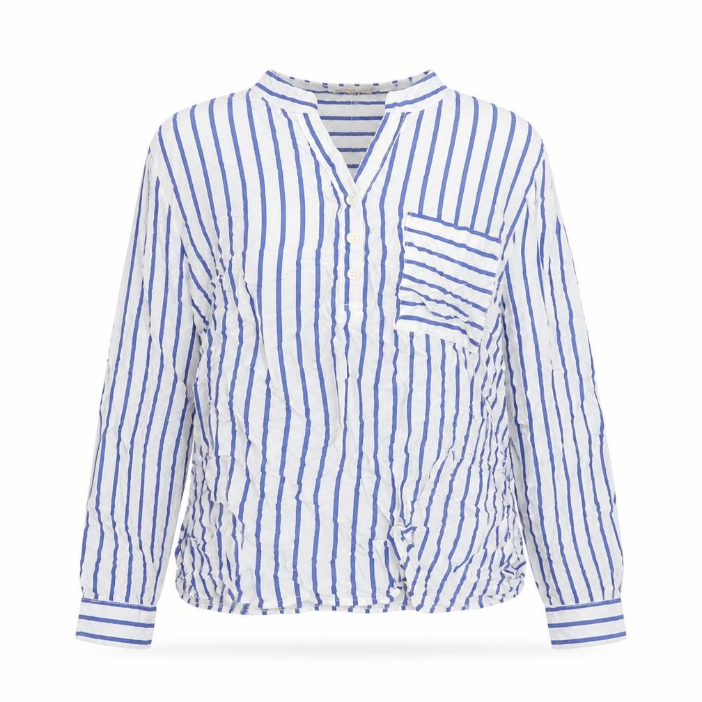 Front view of MSD women’s white striped viscose basic button-up, size XL, v-neck