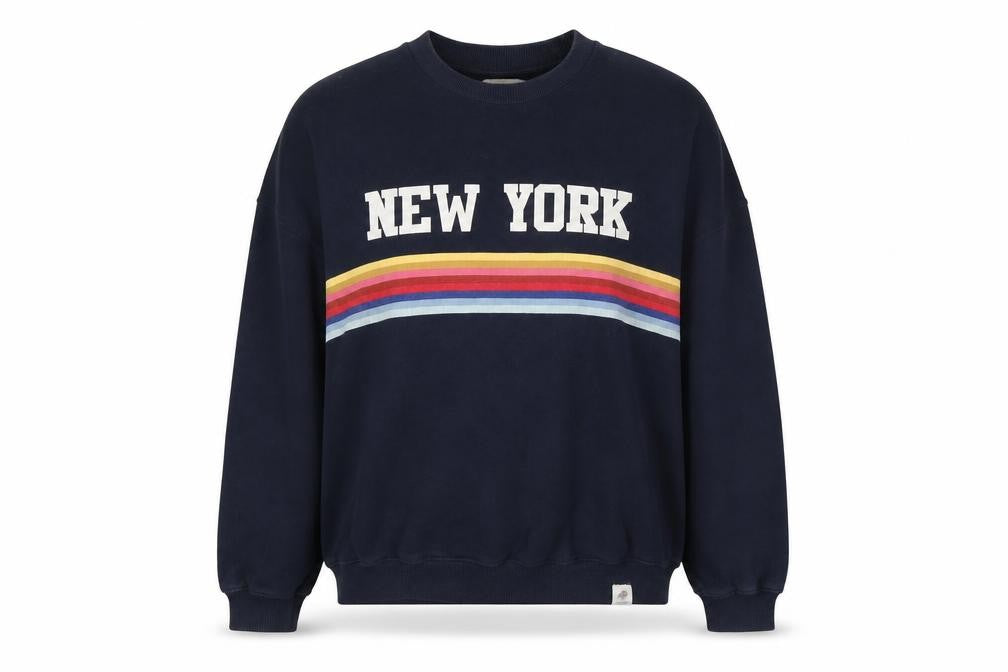 Front view of Pull&Bear women’s blue cotton pullover sweatshirt, size XS, - new york