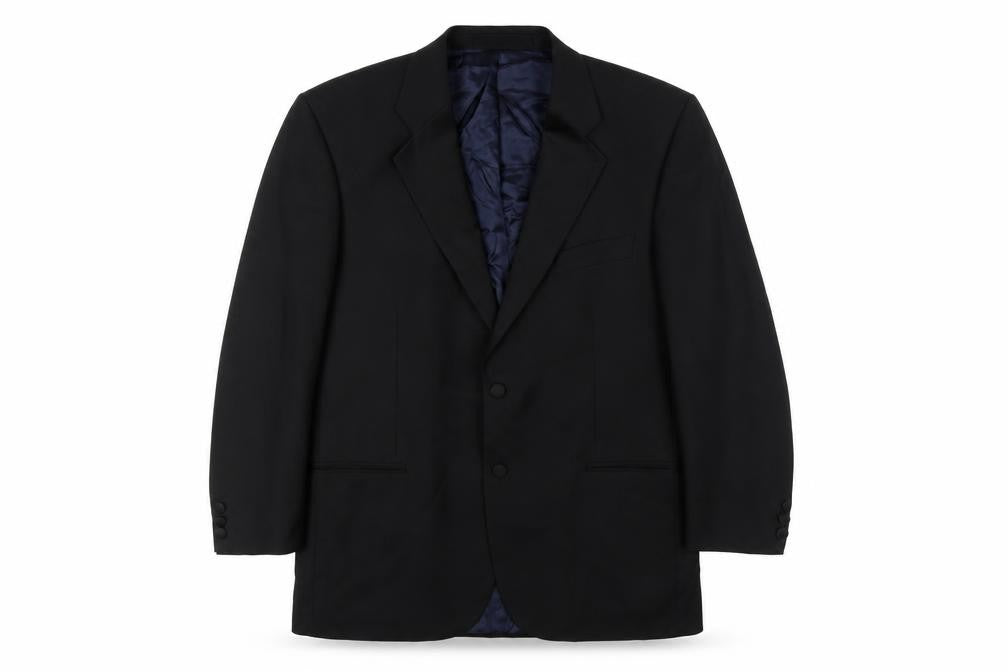 Front view of Marks & Spencer men’s black wool tuxedo suit jacket, size 42, regular