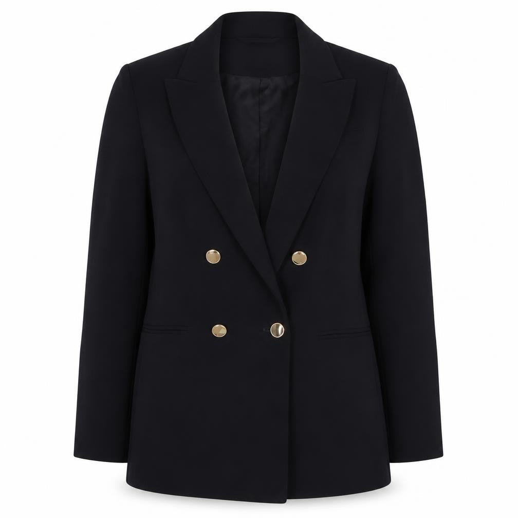 Front view of H&M women’s black jacket blazer, size XS, button - gold effect buttons