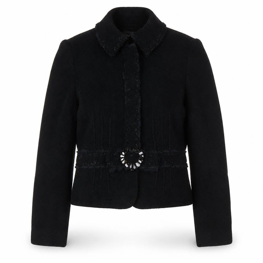 Front view of Rena Lange women’s black jacket, size UK 10, snap