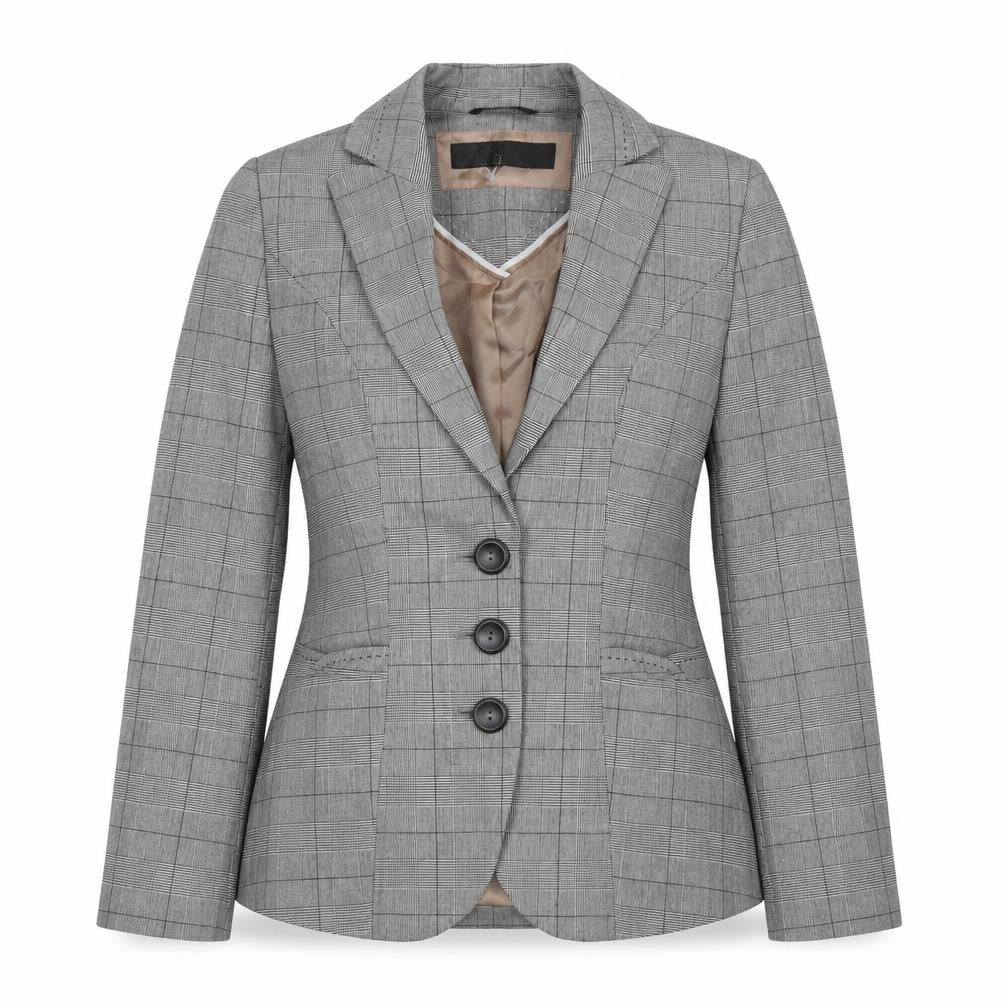 Front view of Next women’s grey check polyester jacket suit jacket, size UK 6