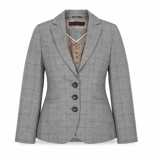 Front view of Next women’s grey check polyester jacket suit jacket, size UK 6