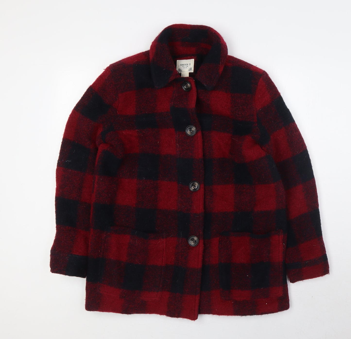 FOREVER 21 Womens Red Check Jacket Coatigan Size M Button - Pockets
