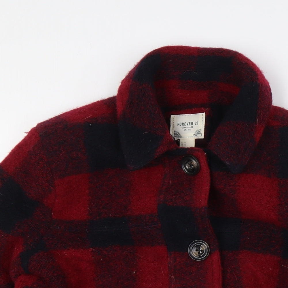 FOREVER 21 Womens Red Check Jacket Coatigan Size M Button - Pockets