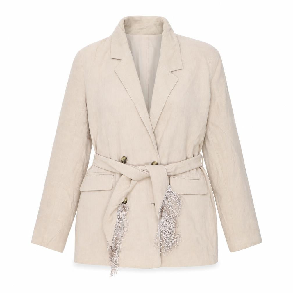 Front view of River Island women’s beige jacket, size UK 10, button - belted
