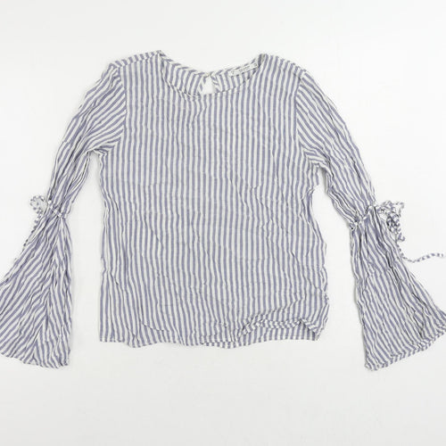 Pull&Bear Womens Blue Striped Viscose Basic Blouse Size S Round Neck - Flare Sleeve