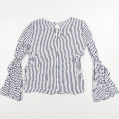 Pull&Bear Womens Blue Striped Viscose Basic Blouse Size S Round Neck - Flare Sleeve
