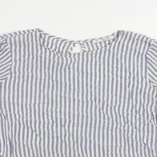 Pull&Bear Womens Blue Striped Viscose Basic Blouse Size S Round Neck - Flare Sleeve