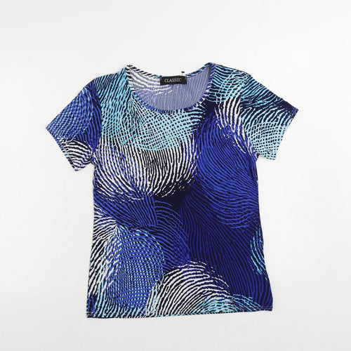 Classic Womens Blue Geometric Polyester Basic T-Shirt Size 12 Round Neck