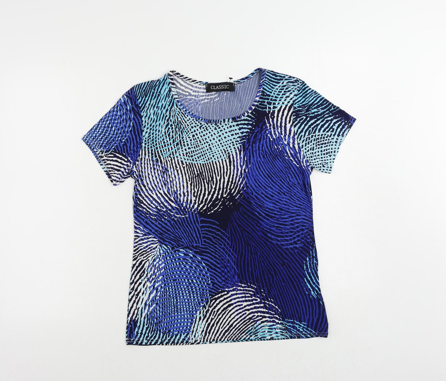Classic Womens Blue Geometric Polyester Basic T-Shirt Size 12 Round Neck