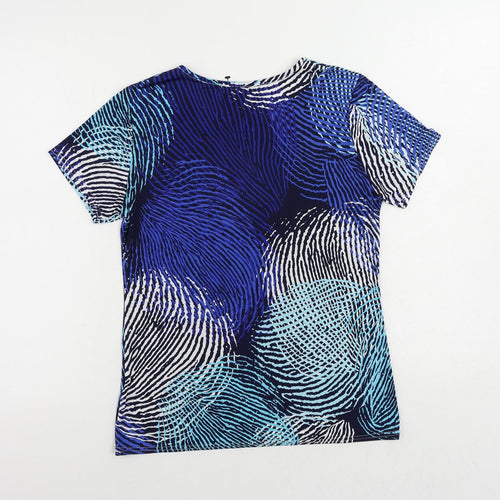 Classic Womens Blue Geometric Polyester Basic T-Shirt Size 12 Round Neck