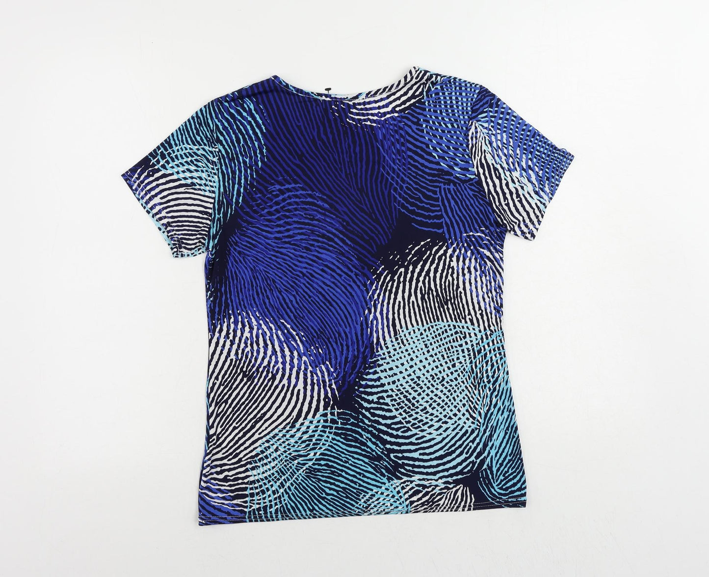 Classic Womens Blue Geometric Polyester Basic T-Shirt Size 12 Round Neck