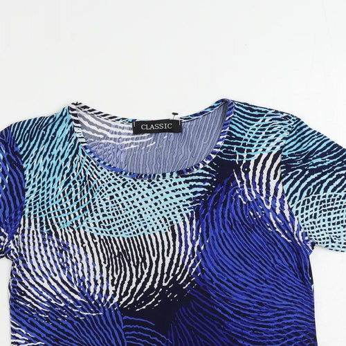 Classic Womens Blue Geometric Polyester Basic T-Shirt Size 12 Round Neck