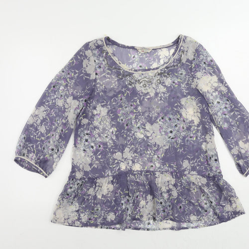 Indigo Womens Blue Floral Polyester Basic Blouse Size 14 Boat Neck - Sheer