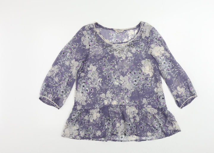 Indigo Womens Blue Floral Polyester Basic Blouse Size 14 Boat Neck - Sheer