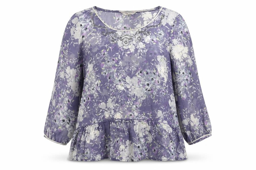 Front view of Indigo women’s blue floral polyester basic blouse, size UK 14, boat neck - sheer