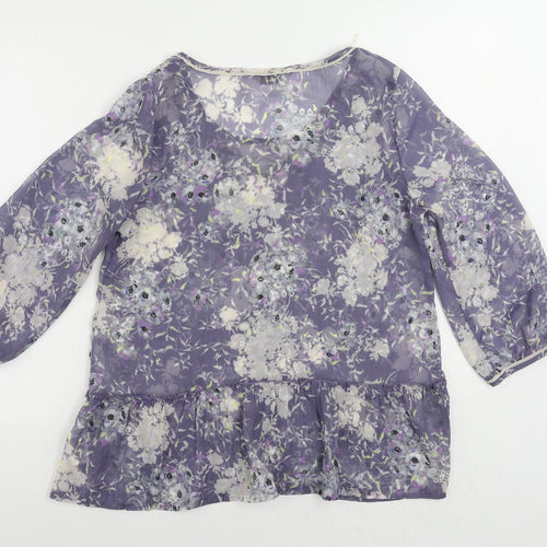 Indigo Womens Blue Floral Polyester Basic Blouse Size 14 Boat Neck - Sheer