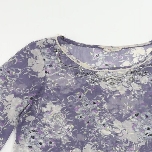 Indigo Womens Blue Floral Polyester Basic Blouse Size 14 Boat Neck - Sheer